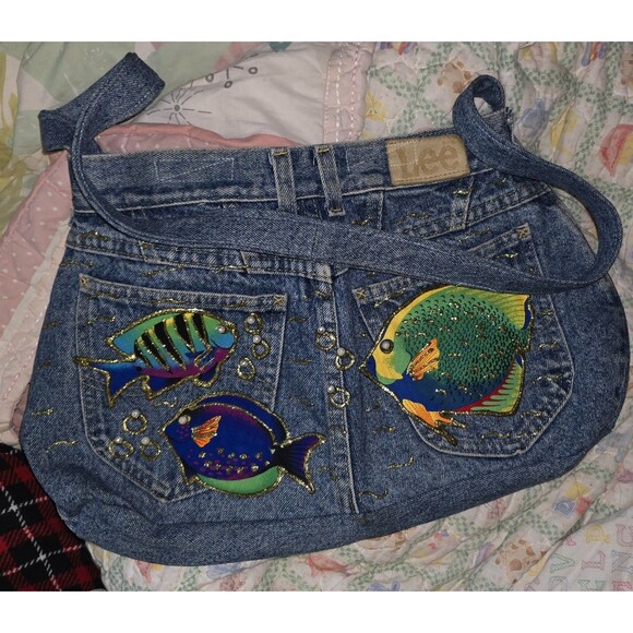 Upcycled Lee Denim Bohemian Shoulder Bag / Purse Hand Painted Textured Fish - Picture 2 of 2